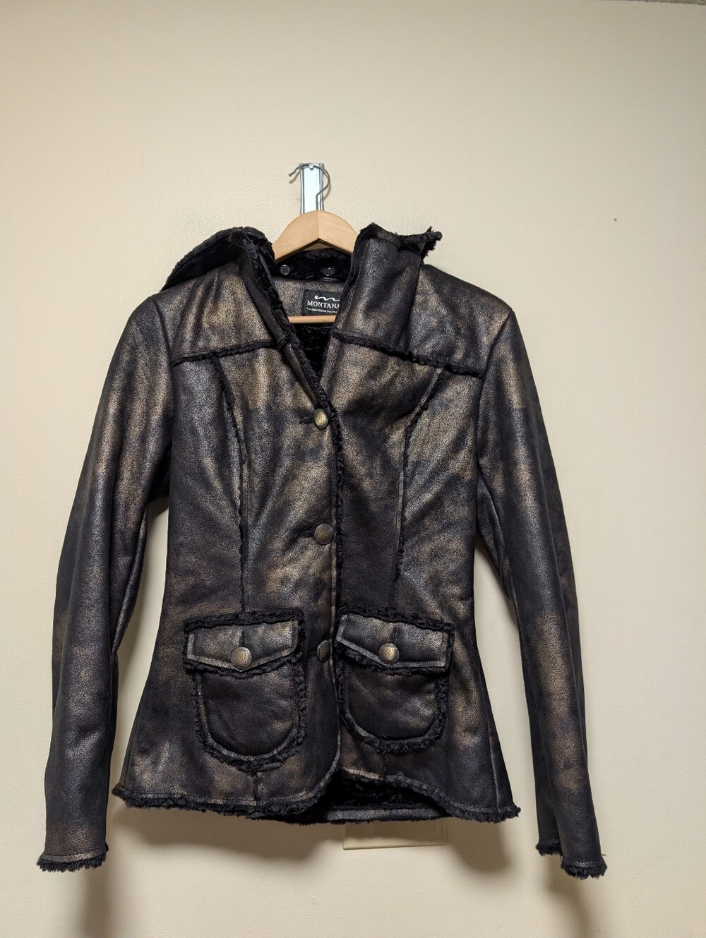 Montanaco Black Faux Shearling Hooded Jacket Small Y2K Distressed Moto